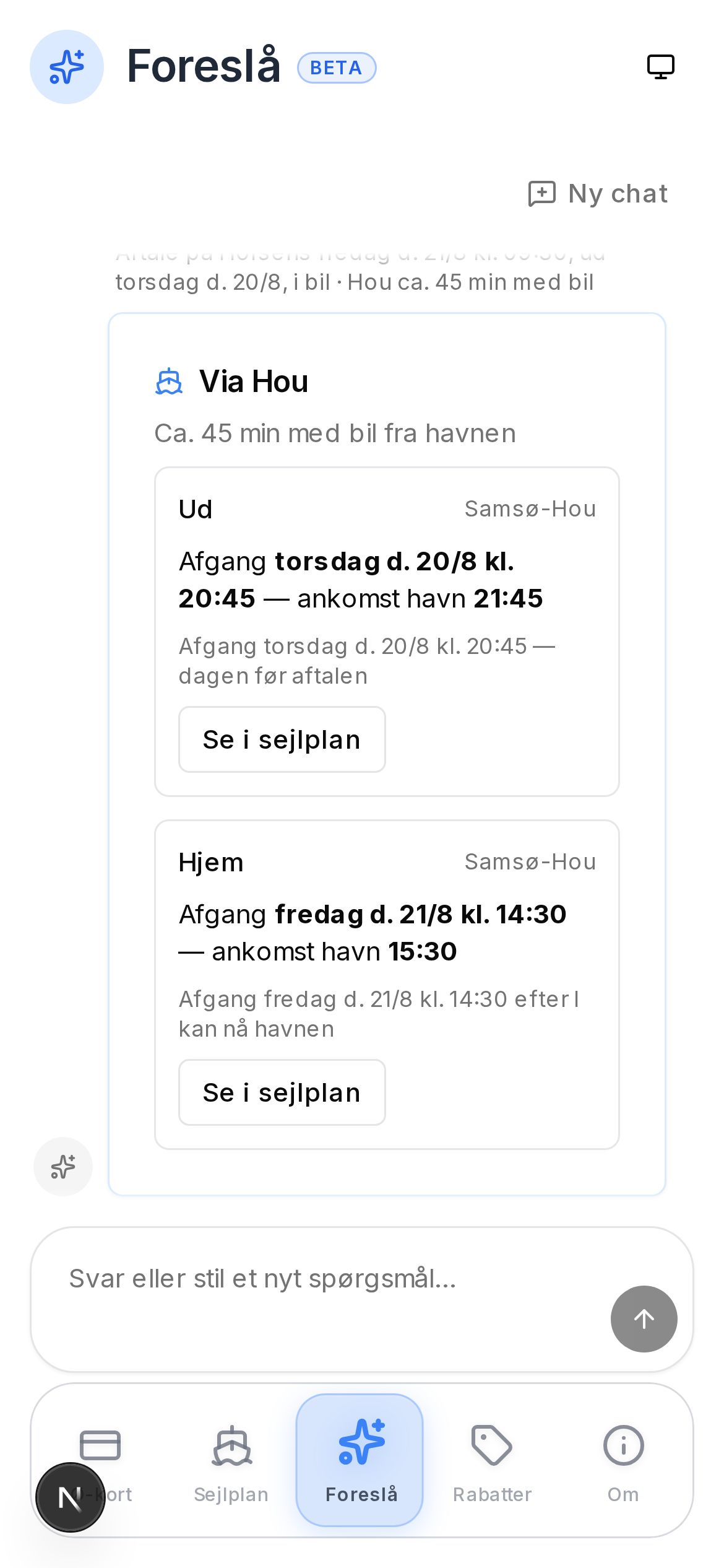 Foreslå viser ud- og hjemrejse med knap til sejlplanen