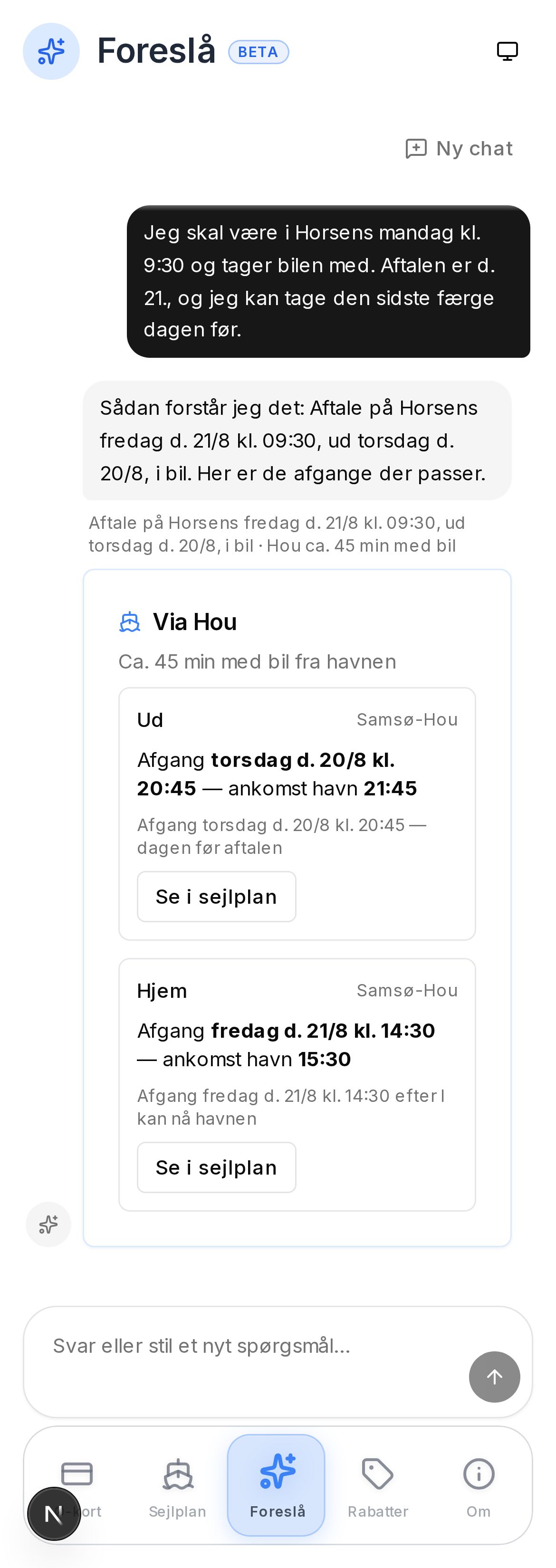 Foreslå-chat med spørgsmål om aftale i Horsens og svar med færgeforslag via Hou