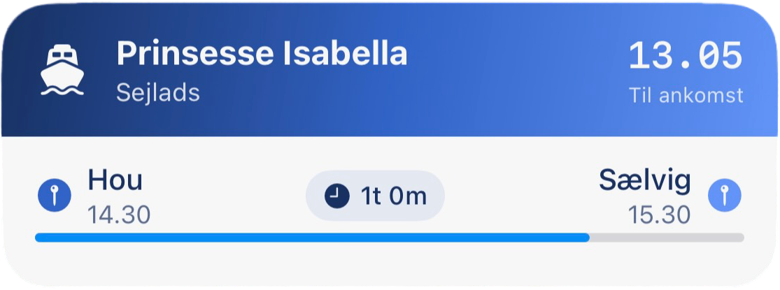 Ø-kort Live Activity der viser færgestatus på iPhone